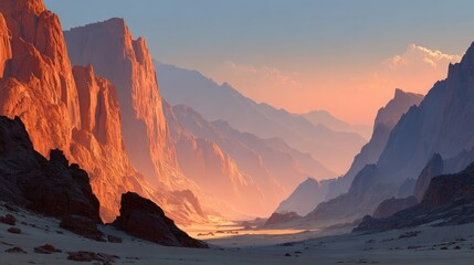 Naklejka premium Dramatic landscape painting of canyon and mountain range with sunrise glow