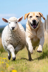 Fototapeta premium Dog and sheep running together in field symbolizing energy and new year start
