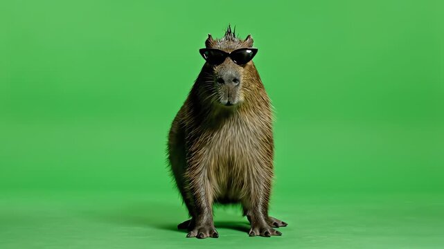 A cool capybara wearing sunglasses and sporting a mohawk hairstyle, posing confidently against a vibrant green background