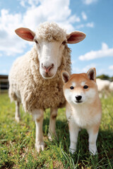 Obraz premium Shiba Inu standing with sheep in green field representing new year symbolism