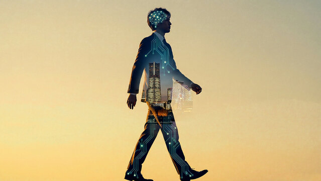 Businessman Silhouette City Circuit Double Exposure Golden Dusk