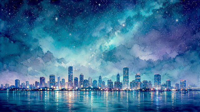Teal Watercolor Night Sky Over Illuminated City Waterfront