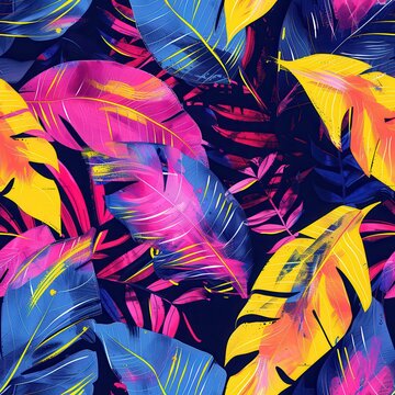 Colorful Tropical Leaves Pattern with Neon Yellow, Pink, Blue, and Orange Paintbrush Strokes Digital Illustrative Artwork Vibrant Exotic Jungle Theme