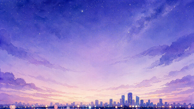 Vast Purple Watercolor Sky Over Glowing City Skyline at Dusk