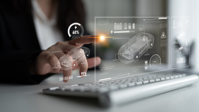 Technical layout of electric vehicle showing battery system, power control, traction motor, charging interface, and integration with renewable and smart energy sources Latch