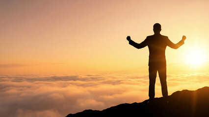 Fototapeta premium Triumphant Businessman Silhouette Above Clouds Sunrise Arms Raised