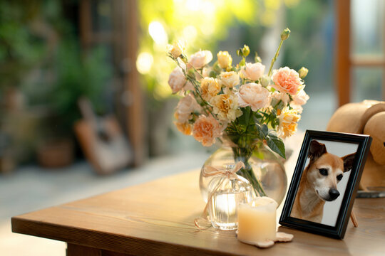 Warm pet memorial scene with flowers candle and dog portrait