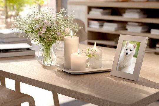 Dog memorial with flowers and framed portrait in peaceful home setting