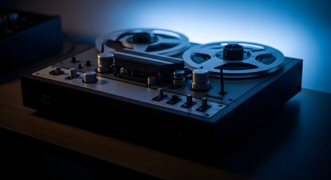 Vintage reel-to-reel tape recorder in a dark room with blue lighting