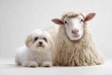 Fototapeta premium small white dog and sheep sitting together isolated on white background zodiac concept