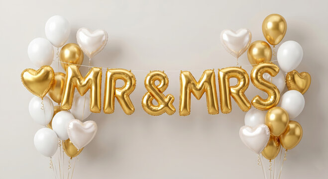 Elegant wedding celebration background featuring gold foil balloons forming MR MRS text.