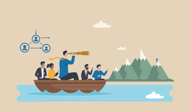 Financial planning target, vision and strategy financial retirement concept, businessman investor riding the boat using telescope to team meeting see far money mountain peak
