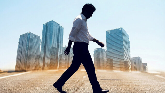 Silhouette Businessman Walking Urban Road Skyscrapers Bright Sky