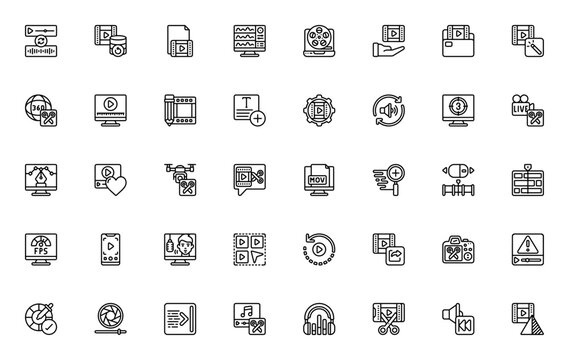 Video Editing icon set. Minimal linear vector icons pack. Includes symbols for timeline, footage, transition, color grading, editing tools, live stream, and more. Editable stroke.