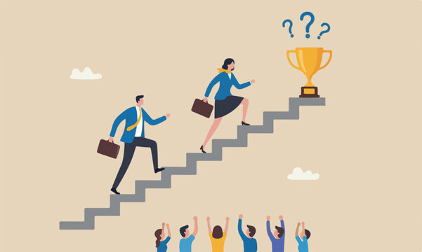 Business competition flat design with clean lines and minimal shading. teams together businessman and businesswoman walk stair compete trophy.
