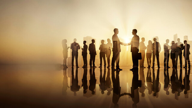 Business Team Silhouettes Handshake Golden Hour Reflection Cityscape
