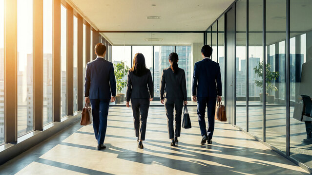 Four Business Professionals Walking Bright Office Corridor Rear View