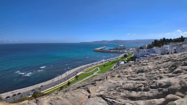 Panoramic Tangier Morocco Coastal View with Port Mediterranean Sea and Scenic Cliff Road