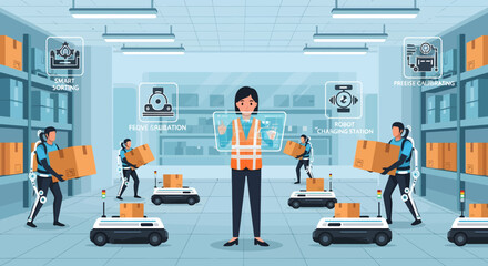 Fototapeta premium Modern warehouse with robots and humans working together, illustrating automation and logistics in the future of industry.