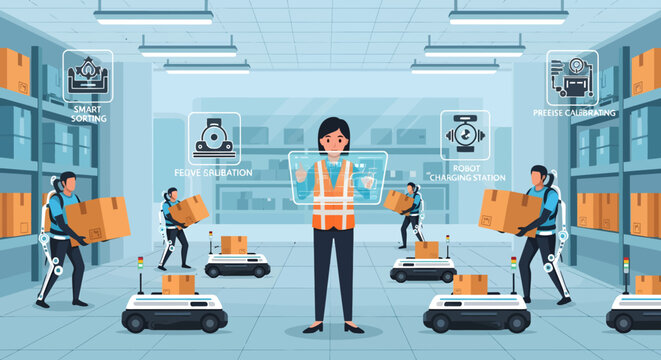 Modern warehouse with robots and humans working together, illustrating automation and logistics in the future of industry.