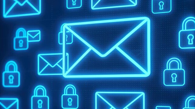 Secure Mail Network: A digital panorama of glowing email envelopes intertwined with padlocks, representing secure messaging and data protection within a technological network.