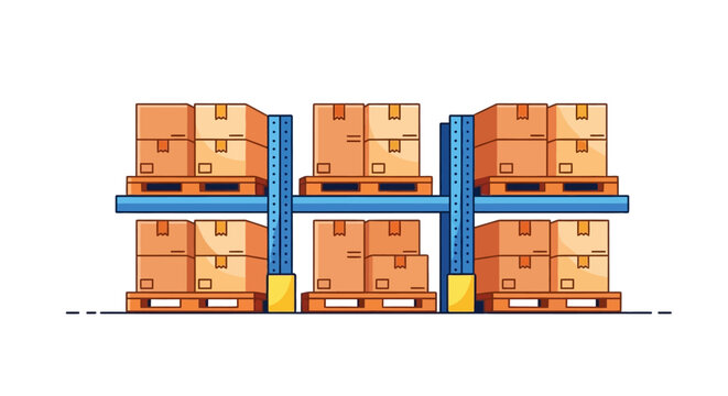 Warehouse shelves with stacked boxes on pallets illustration