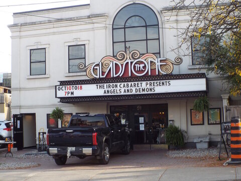 Ottawa, Ontario, Canada &ndash; August 02, 2025: The exterior of "The Gladstone Theatre" features a marquee announcing "The Iron Cabaret Presents Angels and Demons" at 910 Gladstone Ave.