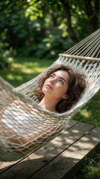 Woman in white top resting in white rope hammock outdoors, shallow depth of field, medium shot