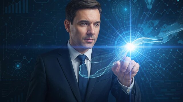 Tech Visionary: A focused man with a finger hovering over an interactive futuristic display, hinting at a world of cutting-edge innovation and technological advancement.