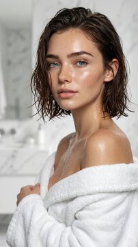 Young woman in white bathrobe looking at camera in bathroom, close up shot with copy space