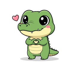 Fototapeta premium Cute Green Alligator Making Heart Shape with Hands and Pink Heart Icon