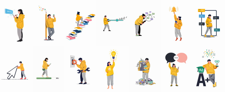 Collection of diverse flat illustrations featuring students engaged in online learning, technology use, academic studies, and personal growth concepts on white background.