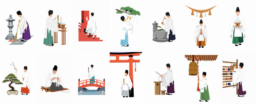 Illustrations of a Japanese Shinto Priest Performing Traditional Rituals and Daily Duties at a Shrine, Set on White Background.