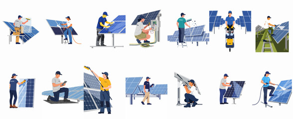 Fototapeta premium Collection of illustrations showing professional technicians cleaning, inspecting, and maintaining solar panels for sustainable and renewable energy services.