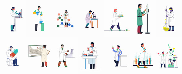 Fototapeta premium Collection of diverse scientists and researchers performing various laboratory experiments using microscopes, beakers, and scientific equipment in a flat vector style.