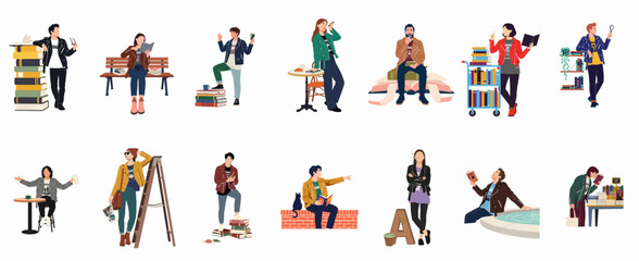Fototapeta premium A diverse collection of flat vector illustrations featuring people reading, studying, and interacting with books in various modern settings, perfect for educational themes.