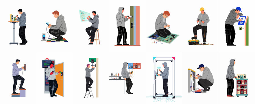 Set of diverse hacker and cybersecurity expert characters performing technical tasks like soldering, lock bypassing, and coding, isolated on white background.
