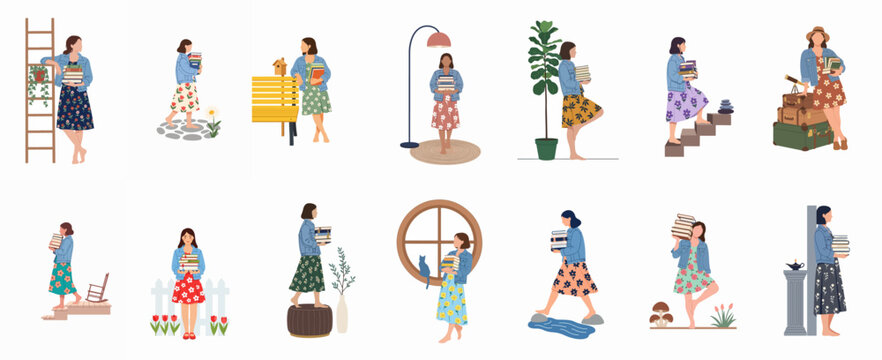 A collection of flat vector illustrations of a woman in different life scenarios, always carrying a stack of books, emphasizing a love for reading.