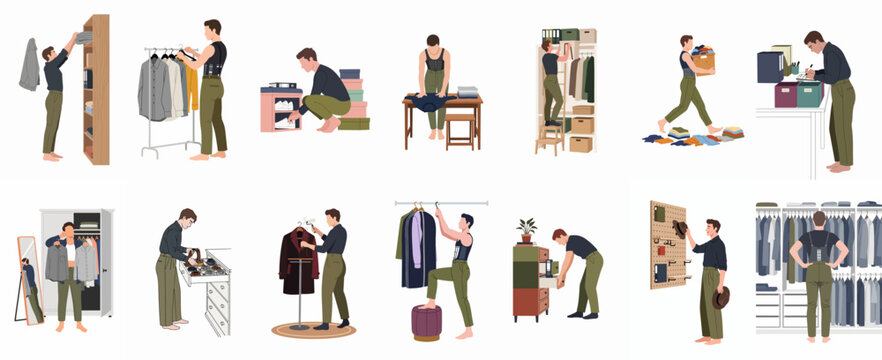 Illustrations of a man organizing his home wardrobe, including sorting clothes, managing closet storage, cleaning accessories, and decluttering his living space.