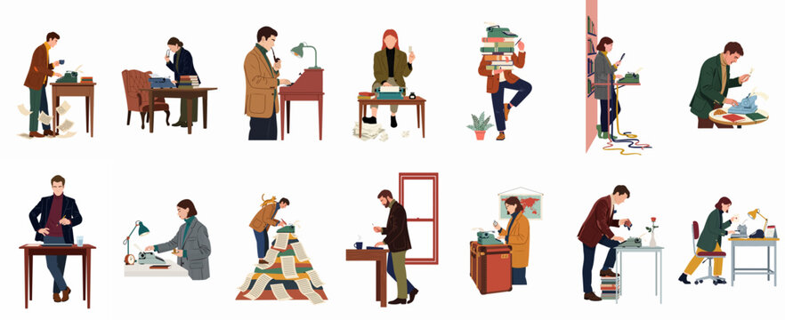 Vector illustration set featuring various authors and journalists working with vintage manual typewriters in different creative settings, isolated on a white background.