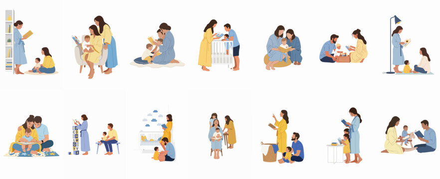 Set of flat vector illustrations depicting parents reading books to their babies and toddlers at home, showcasing various family bonding moments and bedtime routines.