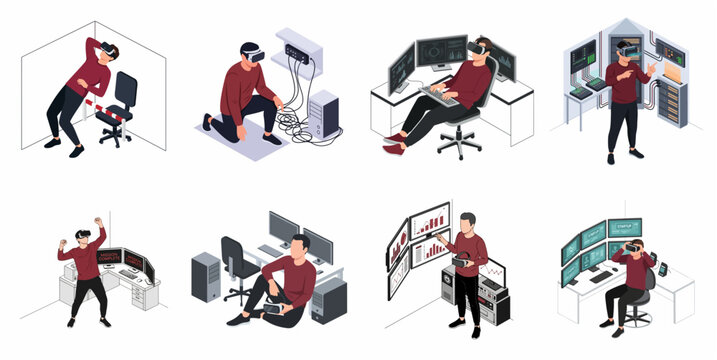 Modern Futuristic Isometric Technology User Experiencing Virtual Reality Headset Immersive Simulation Scene