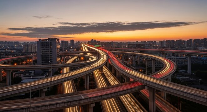 Dynamic multi-lane highway interchange at twilight, showcasing vibrant light trails from moving vehicles against a modern urban skyline and a stunning sunset glow