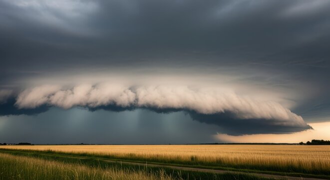 Towering Thunderheads Gather Over a Vast Golden Field Under Dramatic Stormy Skies