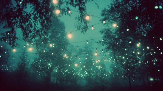 A magical swarm of fireflies illuminates the dark, mysterious trees of a summer night, creating an enchanting atmosphere.
