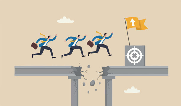 Survive and success in crisis, businessman jumping on collapse bridge to reach target business man team brige on blue to terget