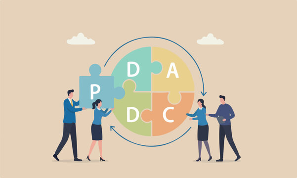 PDCA improvement and get better work quality, Plan, Do, Check and Act concept, businessman coworker help complete jigsaw puzzle loop alphabets PDCA