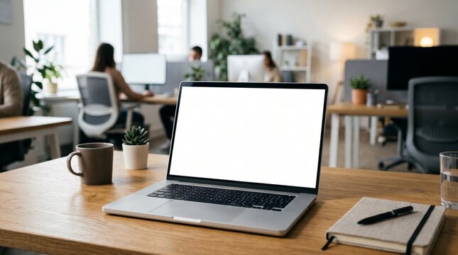 photo of a laptop with a plain white screen on a table with an office space background for mockup purposes made by AI generative