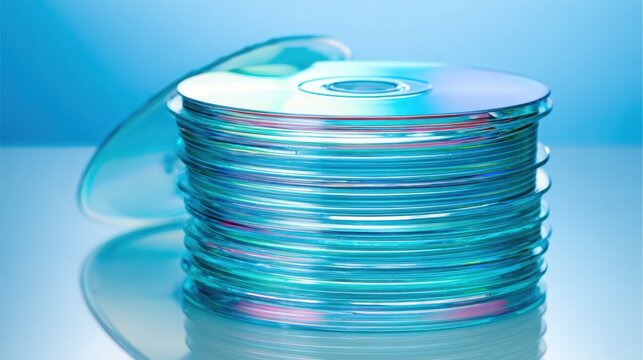A tall stack of shiny blank optical media discs, such as CDs or DVDs, reflecting light against a soft blue background.