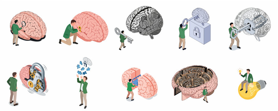 Set Of Isometric Illustrations Depicting Abstract Concepts Related To The Human Brain And Cognitive Processes